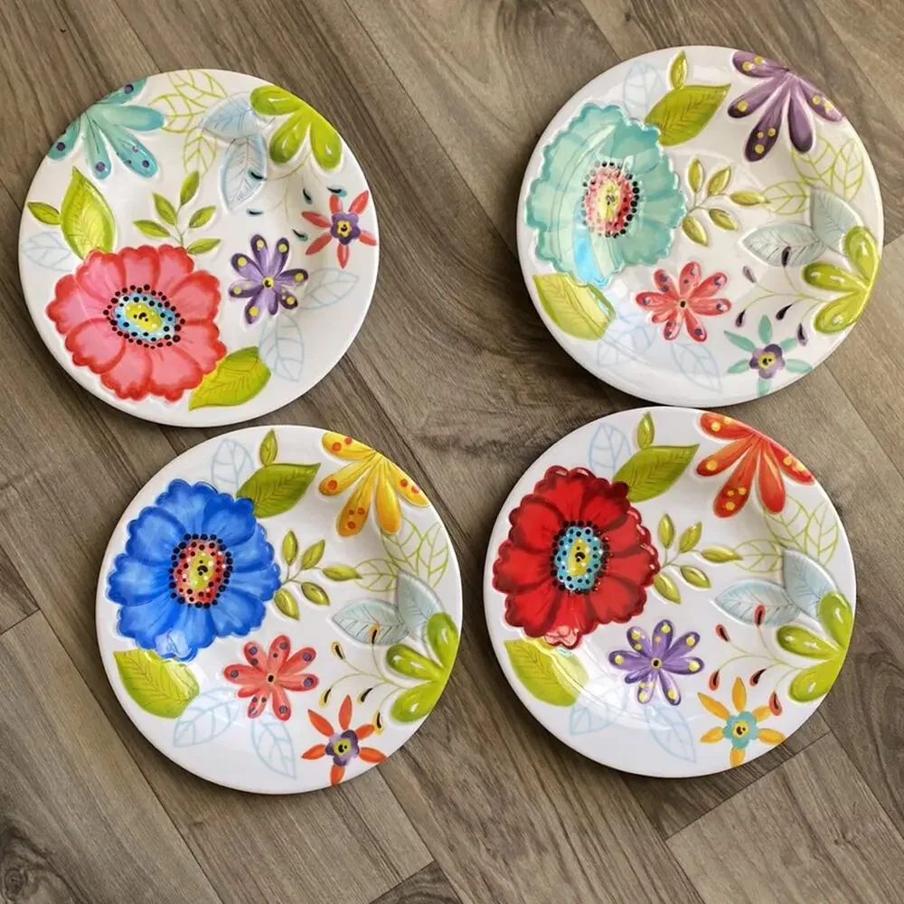 California Studios Melamine Set of 4 Unique Floral Patterns‎ 8-3/4” Lunch Plates